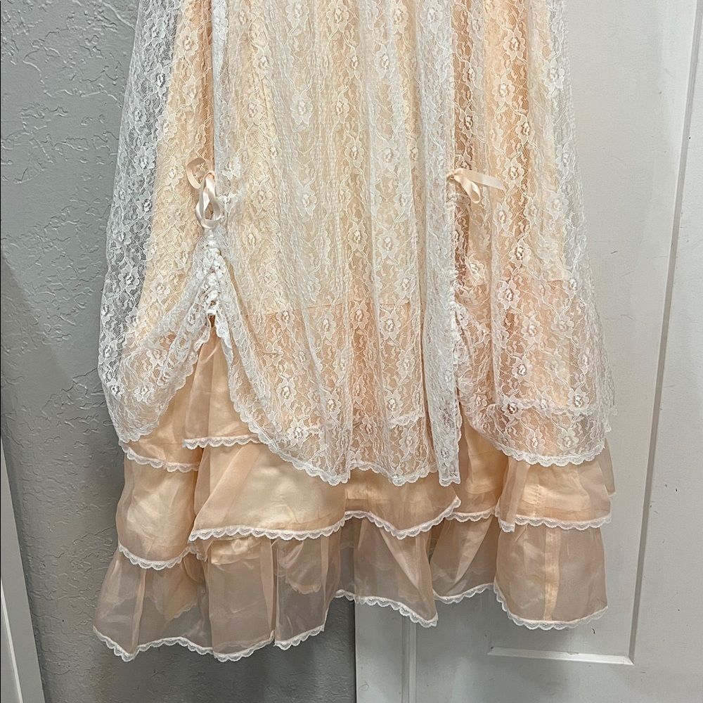 70’s VINTAGE VICTORIAN TEA LACE RUFFLE COQUETTE BOW PINK DRESS SIZE XS - Picture 4 of 17